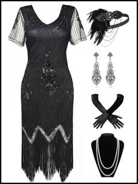 Fringed Sequin Flapper Dress Set Sheer Sleeve 1920s Gatsby Costume